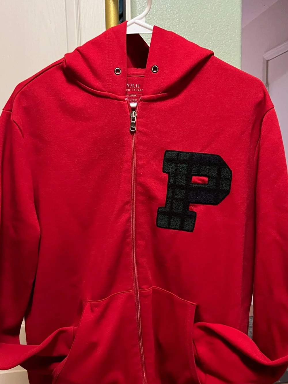 Polo by Ralph Lauren Red Zip-Up Hoodie with Black 'P' Patch Mens Medium